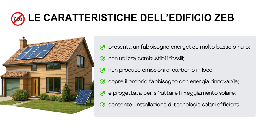 Un edificio zeb ha le seguenti caratteristiche: presenta un fabbisogno energetico molto basso o nullo; non utilizza combustibili fossili e non produce emissioni in loco di carbonio; copre il proprio fabbisogno energetico con energia rinnovabile prodotta in loco, nelle vicinanze, o fornita da reti efficienti e prive di carbonio; è progettato per ottimizzare l'irraggiamento solare e permettere l'installazione di tecnologie solari efficienti.